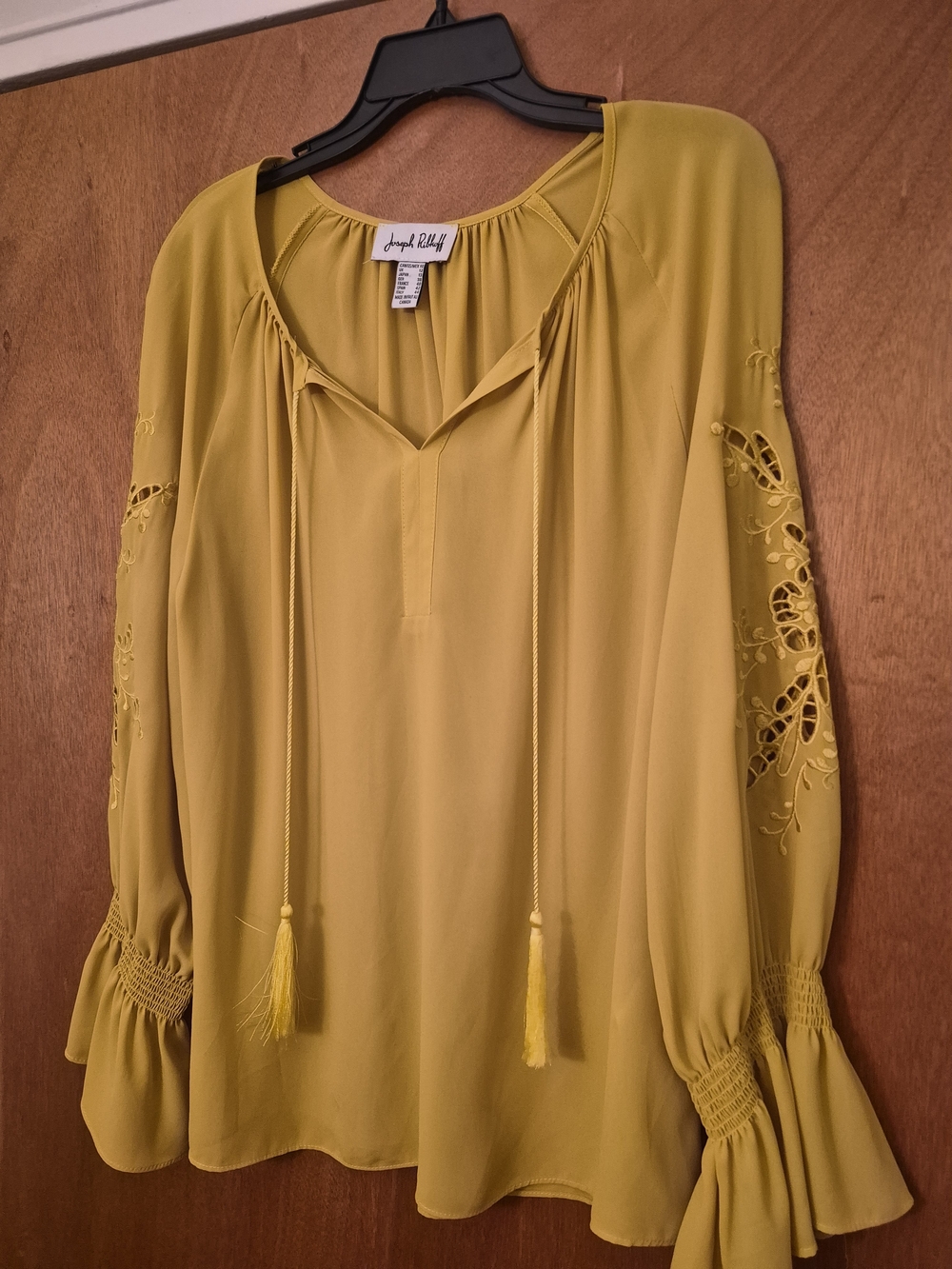 Joseph Ribkoff Mustard Tassel Tie Peasant Blouse Sz 10